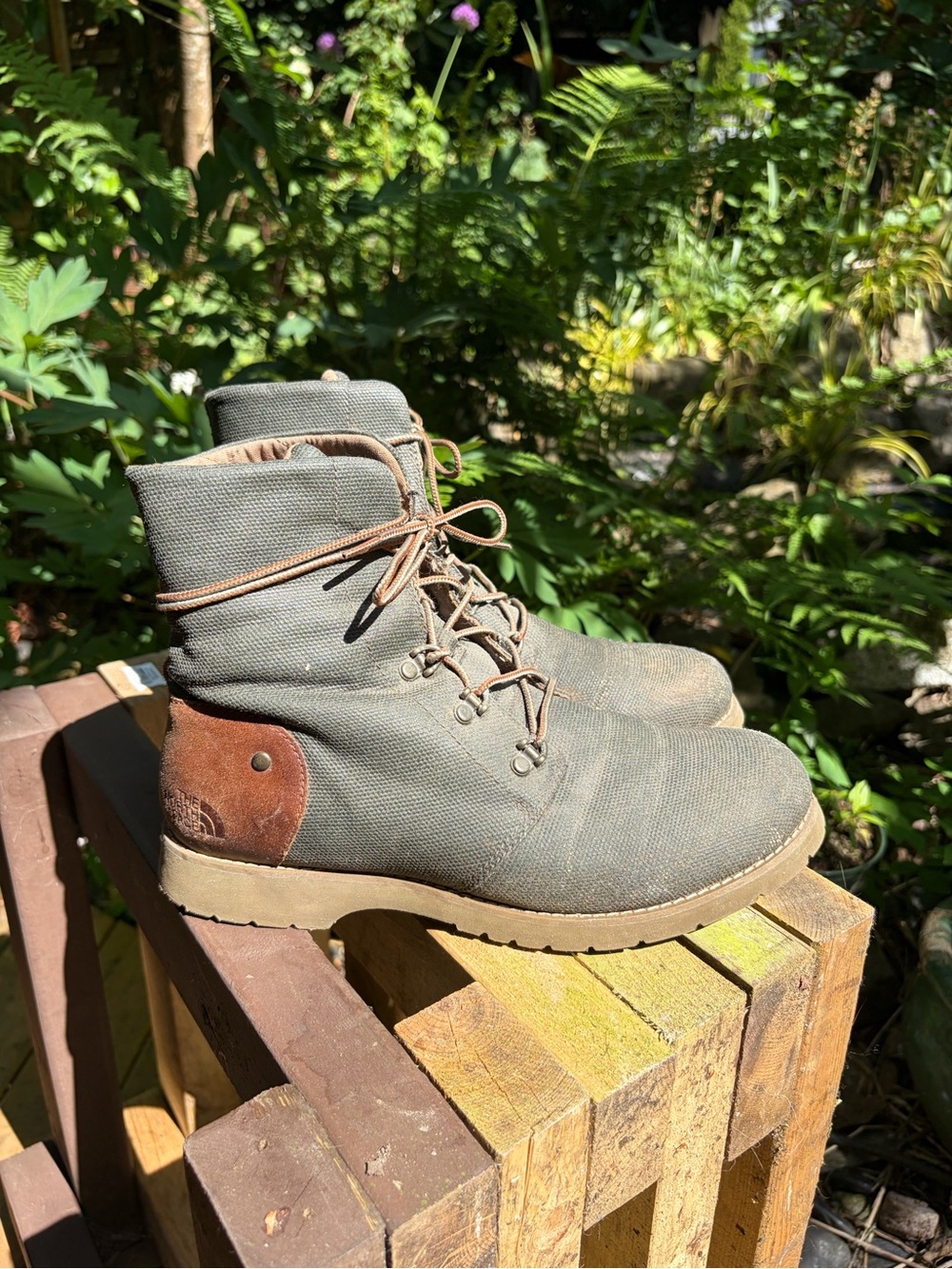 Green Canvas Lace-Up Boots with Brown Leather Accent